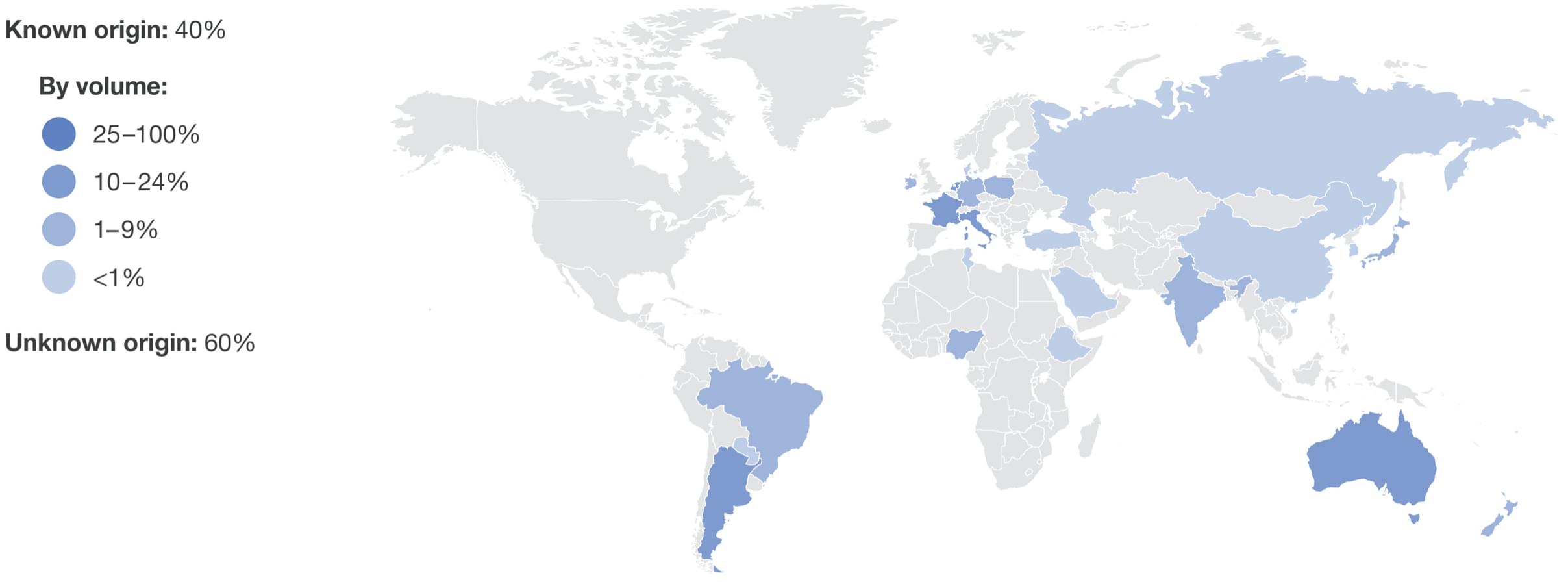Map of Country of Origin for leather participants in Textile Exchange
