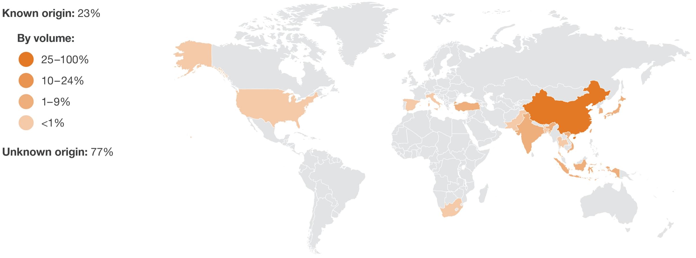 Map of Country of Origin for polyester participants in Textile Exchange